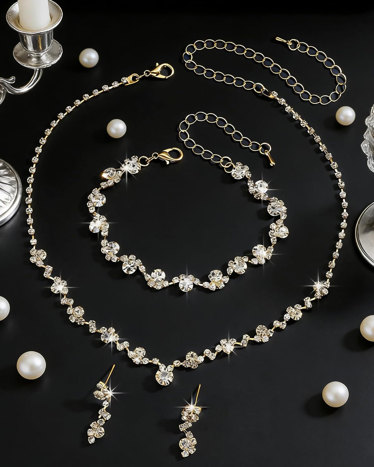 Gold Rhinestone Jewelry Set for Women Sparkling Rhinestone Y Shaped Necklace Adjustable Shining Crystal Bracelet Ring Glittering Rhine-stone Dangle Earrings Prom Wedding Bridal Jewelry Accessories - Image 6