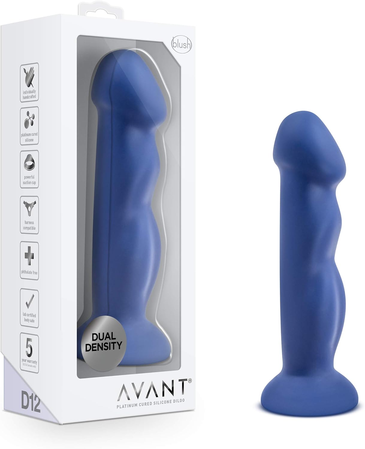 Blush Avant D12 Suko 8" G-Spot Dildo, Artisan - Dual Density, Ultrasilk Platinum Silicone Cock, Curved Shaft - Suction Cup, Strap-On Compatible, Adult Sex Toy Penis for Women, Men & Couples - (Blue)
