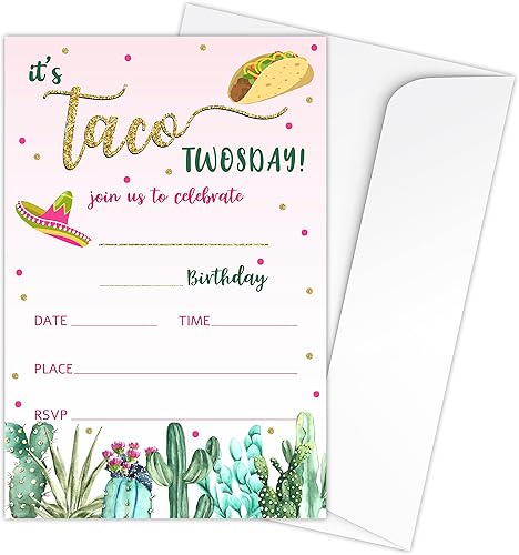 Taco Twosday - Tarjetas de invitaciones para fiesta de cumpleaños, suministros de fiesta de cactus para niños, niños o niñas, 20 invitaciones de