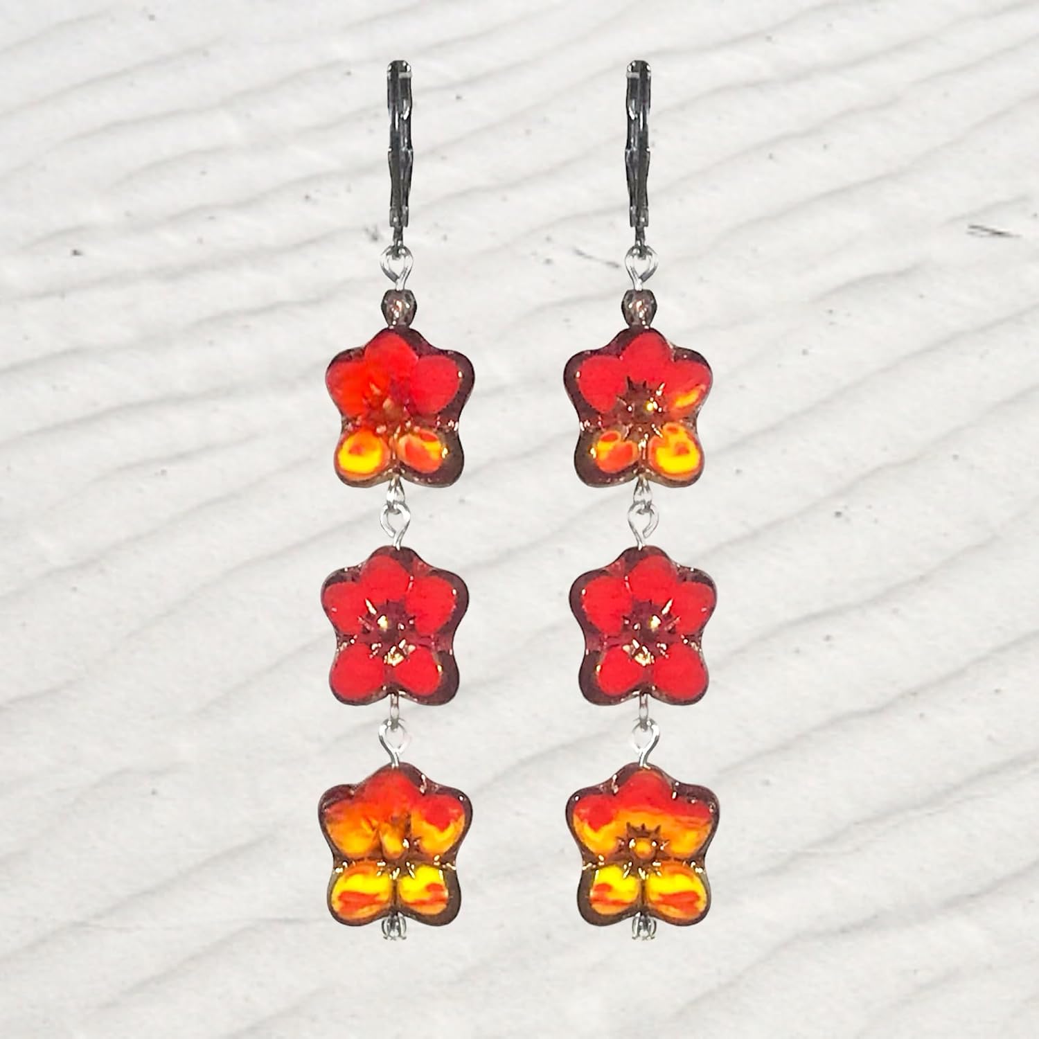 CariCat Designs Handmade Boho Chic Gold Wash Red and Yellow Flower Czech Glass Beaded Drop Dangle Earrings - French Wire Lever Backs