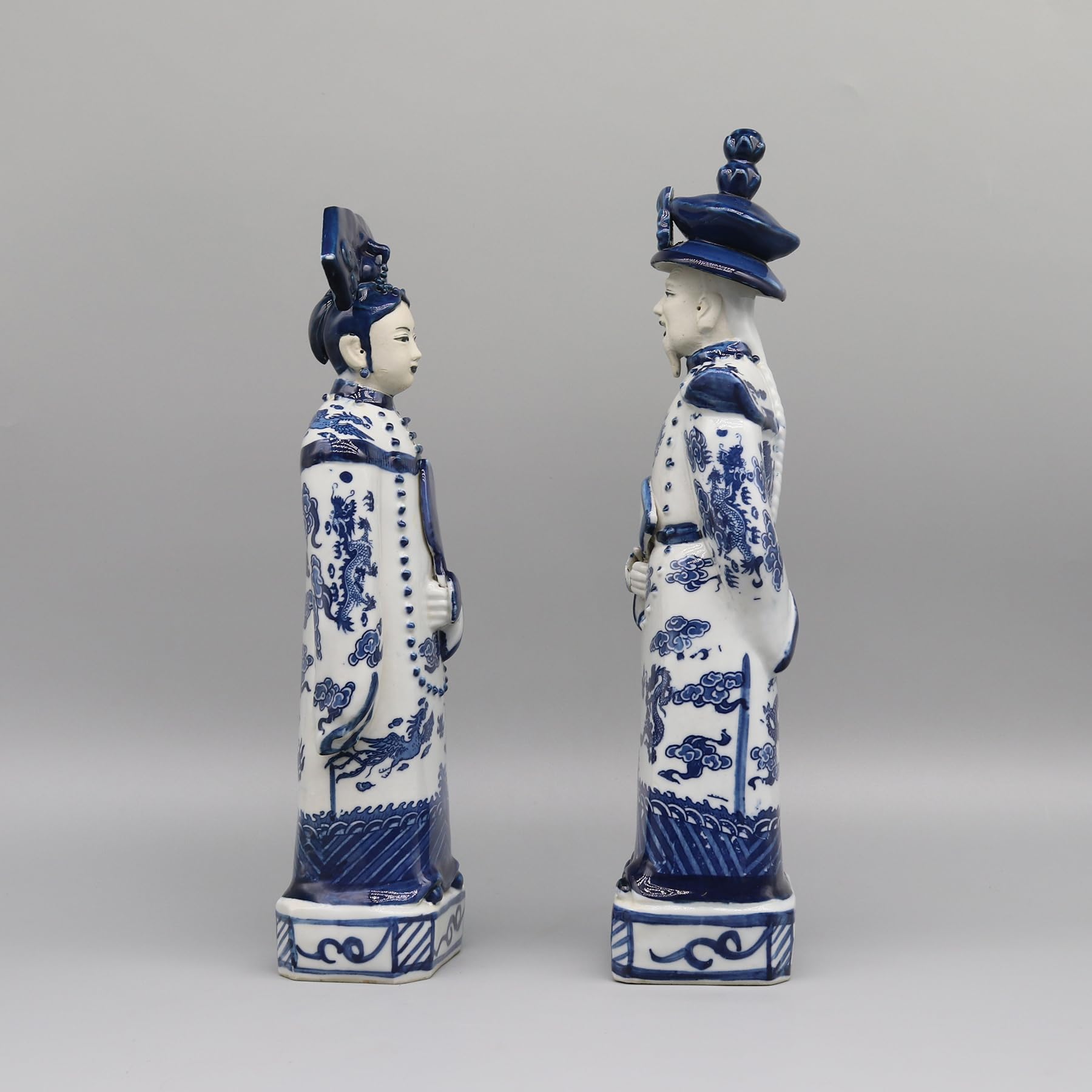 Eastern tide Set di 2 statuine tradizionali in porcellana blu e bianca dell'imperatore cinese e dell'imperatrice cinese, statue decorative in ceramica
