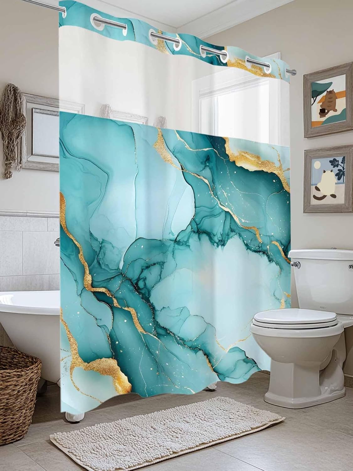 No Hook Shower Curtain with Snap in Liner, Marble Texture Waterproof Fabric Bathroom Curtain Mesh Top Window Washable, Abstract Gradient Turquoise Gold Line Modern Art 72" x 84"