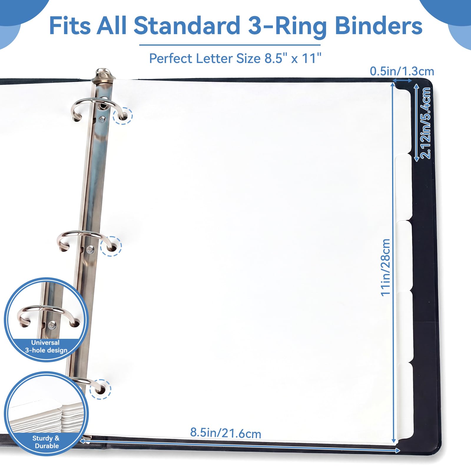 Chuangdi Ordner-Trennblätter mit Registerkarten für 3-Ringbinder, Briefgröße 21,6 x 27,9 cm, weißes Papier, blanko, mit 5 Registern, 100 Sets für Schule, Büro und Zuhause, 500 Trennblätter