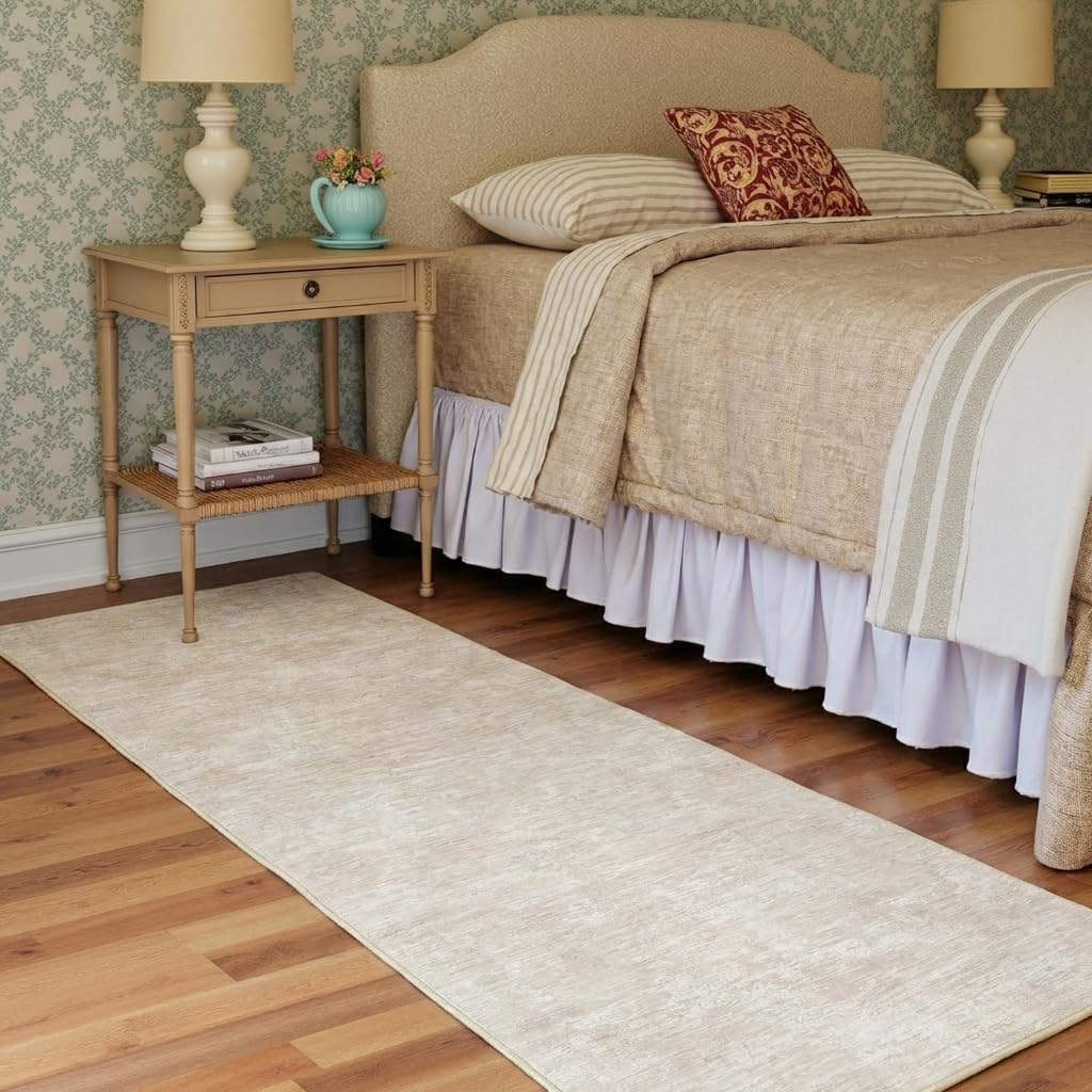 GarveeHome 2x6 Runner Rug Modern Washable Kitchen Rugs, Non Slip Non Shedding Solid Color Accent Rug Stain Resistant Low Pile Floor Cover, Contemporary Foldable Thin Mats for Bathroom, Hallway, Beige