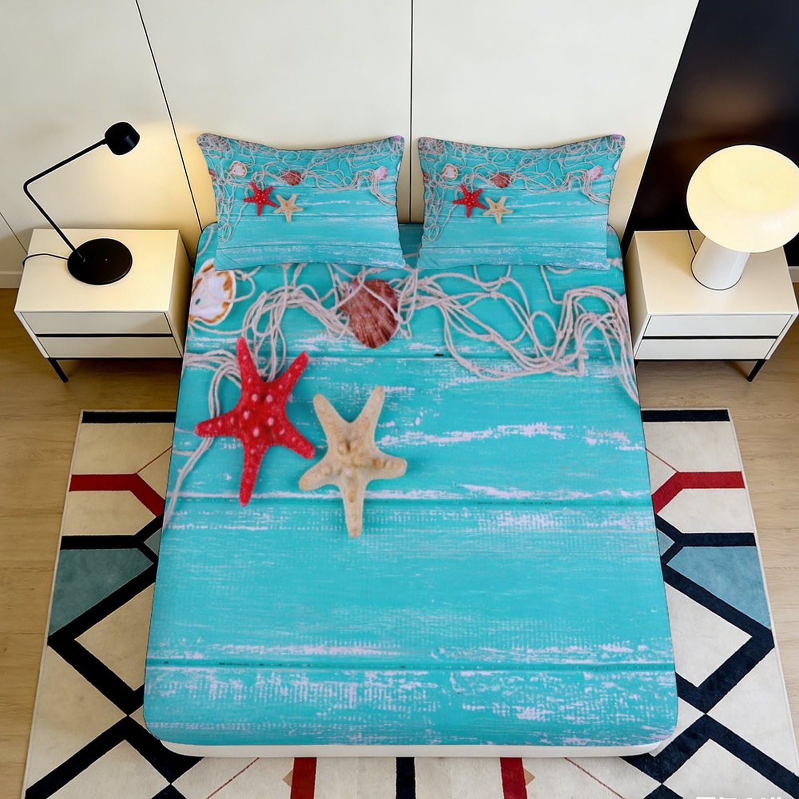 3D Printed Ocean Starfish Fitted Sheet Microfiber Soft Blue Beach Shell Mattress Cover Bedroom Decor 90x200x25cm