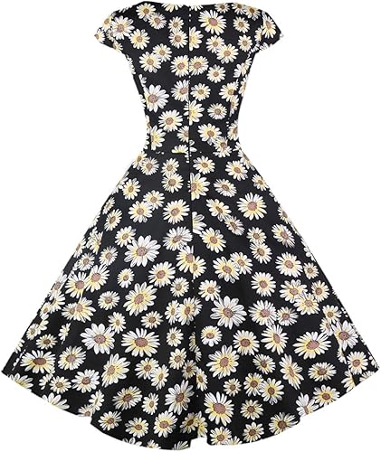 Miniatura 2 de PUKAVT - Vestido de cóctel para mujer, diseño con manga casquillo, vestido de fiesta de estilo retro acampanado de los años 1950, con bolsillos