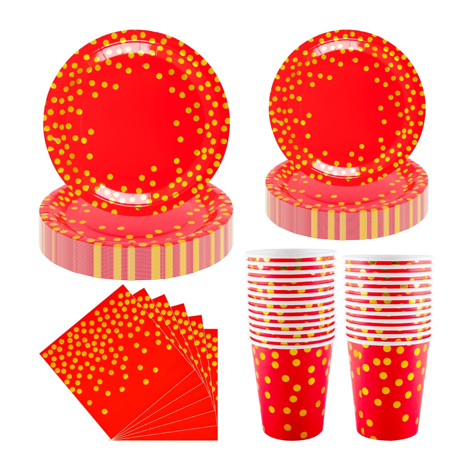 100PCS Red Party Tableware Set, CEILIWEN Red & Gold Polka Dot Paper Plates