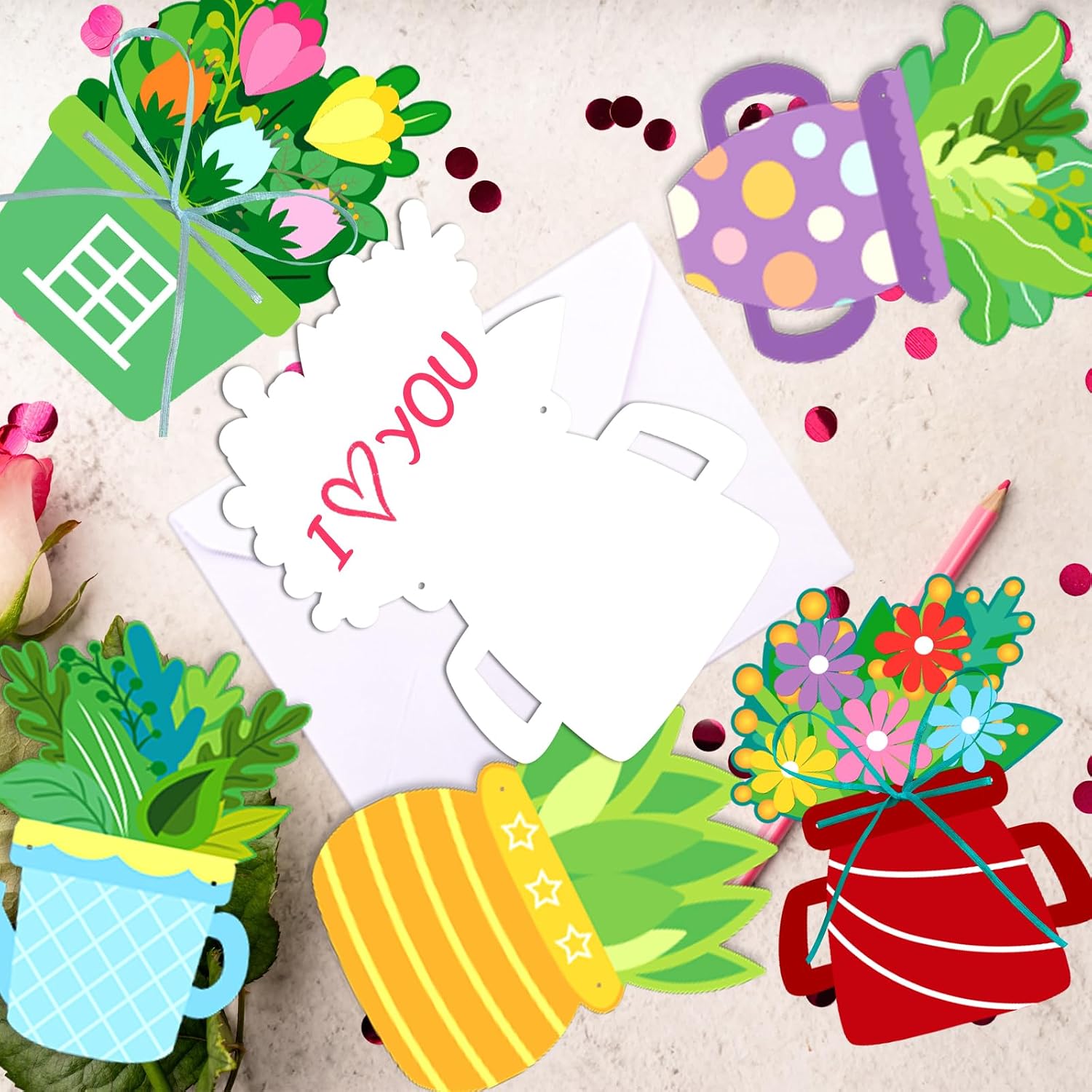 Fancy Land Spring Flower Craft Kit Make Your Own Flower Pot DIY Floral Mother's Day Greeting Cards with Envelopes for Preschool Home Classroom Activities Supplies 24Pcs