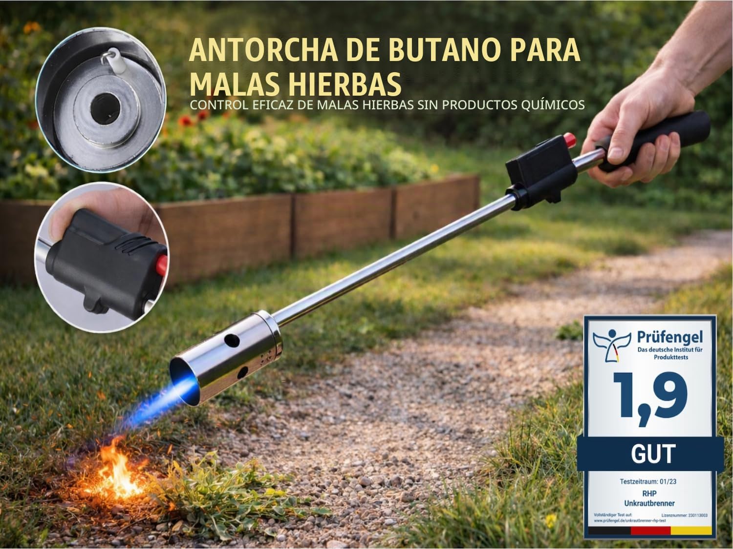 Quemador de malezas RHP 80 cm, incluidos 8 cartuchos de gas butano de 227 g, quemador de gas con encendido piezoeléctrico, quemador de llama ajustable
