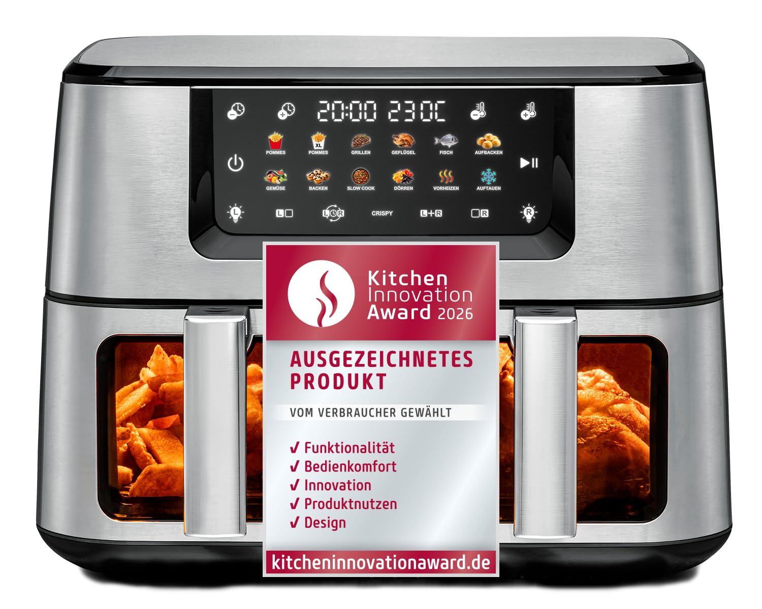 ROMMELSBACHER FRH 2650 Freidora de aire caliente doble, 2 cestas de 5,5 litros, 40 a 230 °C, 12 programas, ventana de visualización, iluminación interior, sin PFAS, función de emparejamiento y