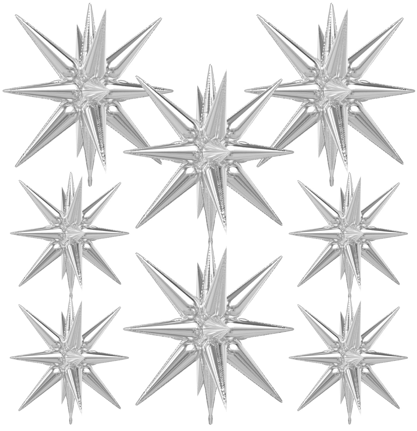 Adeyoo Silver Star Balloons,8Pcs Foil Balloons Explosion Star Balloon One-Piece 14-Pointed Spike Cone Mylar Balloon for New Year Christmas Birthday