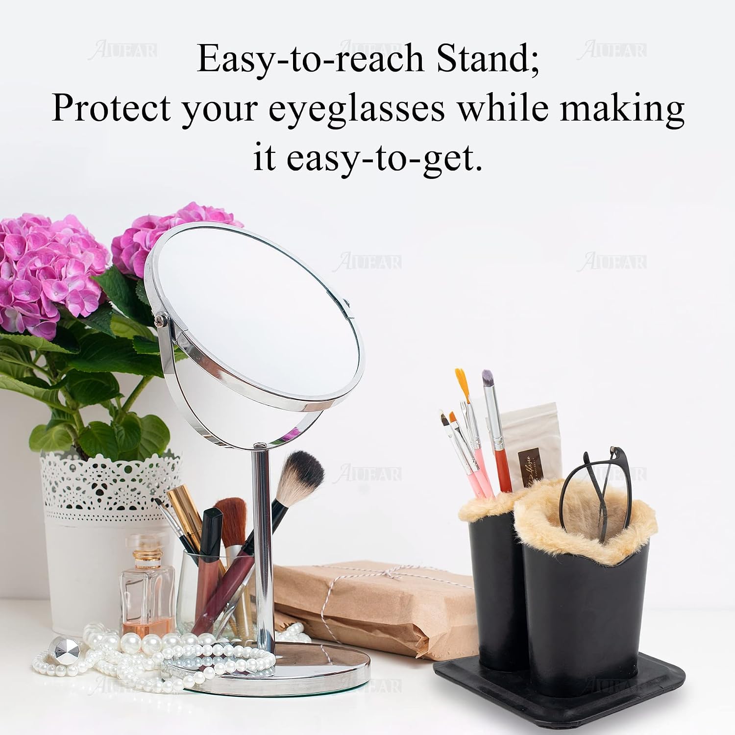 AUEAR, Desk Double Eyeglasses Holder Stand Leather Case Soft Plush Lined Protective for Desks or Nightstands Home Office and School (Black, 1 Pack)