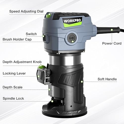 Miniatura 2 de WORKPRO Kit de enrutador compacto, herramienta de enrutador manual con cable de 6.5 amperios, enrutador de madera de 6 velocidades variables para