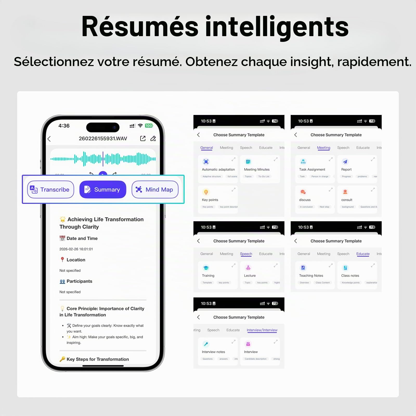 SKARA Dictaphone IA avec Transcription, Enregistreur Vocal 150 Langues avec Résumé IA & Cartes Mentales, Mini Enregistreur Audio pour Réunions, Cours et Interviews
