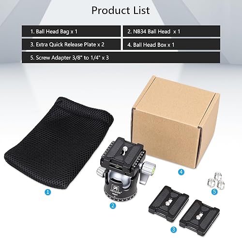 Miniatura 8 de Cabezal de trípode de bola de perfil bajo de 1.339 in con 2 placas de liberación rápida Arca Swiss Profesional CNC Aluminio 360 Rotación Panorámica