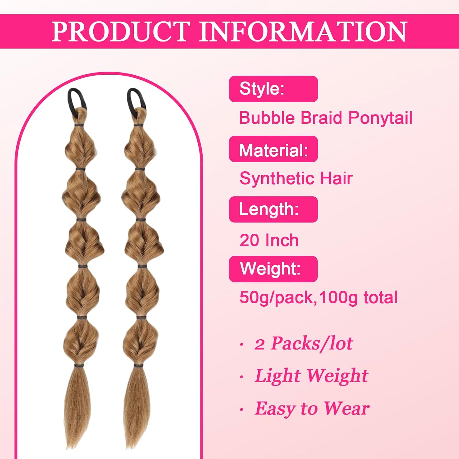 Bubble Braid Ponytail Extensions with Elastic Hair Tie 20 Inch 2 Packs | Synthetic Hairpiece for Women, Honey Blonde, Double Pigtails, Ready to Wear, Lightweight, Festivals and Daily Wear
