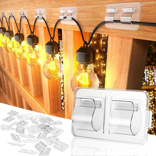 Keviyi Hooks for Outdoor String Lights Clips: 26Pcs Double Hooks for Hanging - Heavy Duty Clear Cable Clips with Waterproof Adhesive Strips - Outside Sticky Hooks Non-Slip No Drill