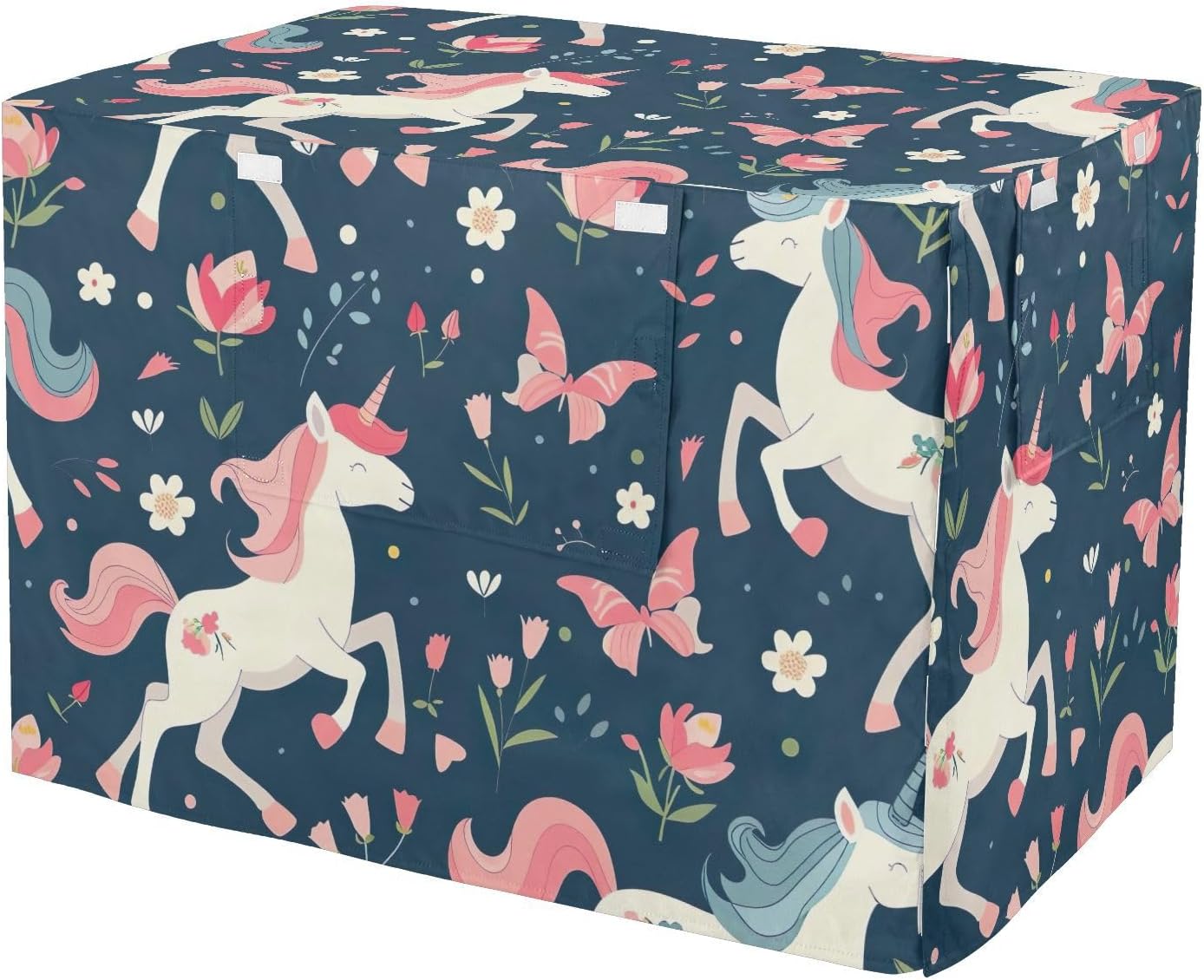 Unicorns Flowers Dog Crate Cover S-XL UV-Resistant Pet Crate Cover with Roll-up Sides, Reduces Barking, X-Large