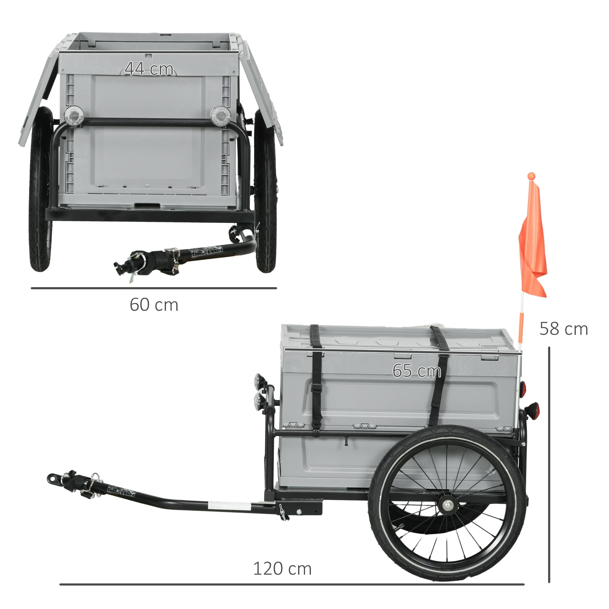 HOMCOM Remorque Chariot à vélo 65L Pliable Amovible Coffre de Rangement 40KG Gris