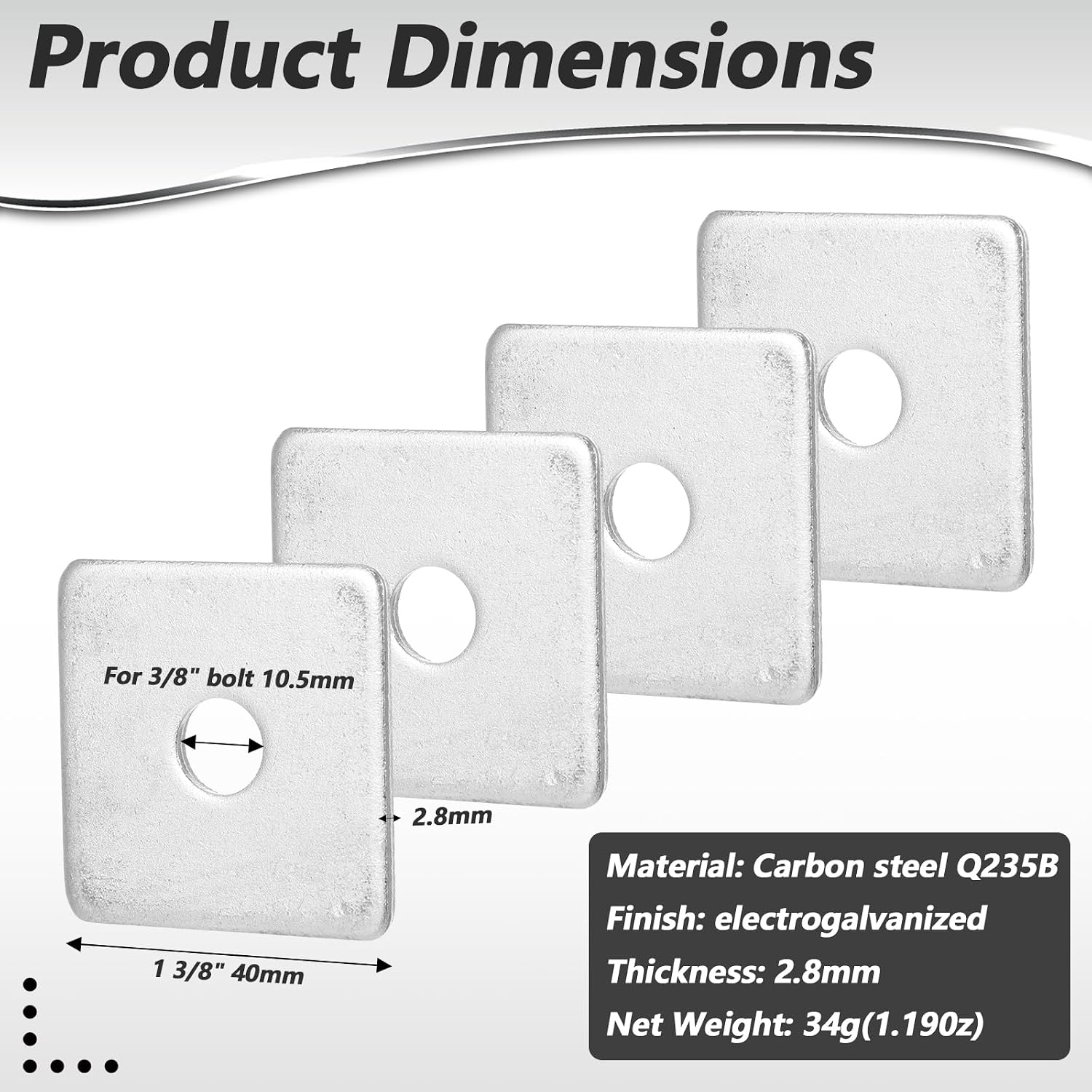 35 Pcs Square Washers, 3/8" Hole 3/8 Washer, 1/8" Thick 1-5/8"x1-5/8 Steel Plate Washers for Construction & DIY Projects