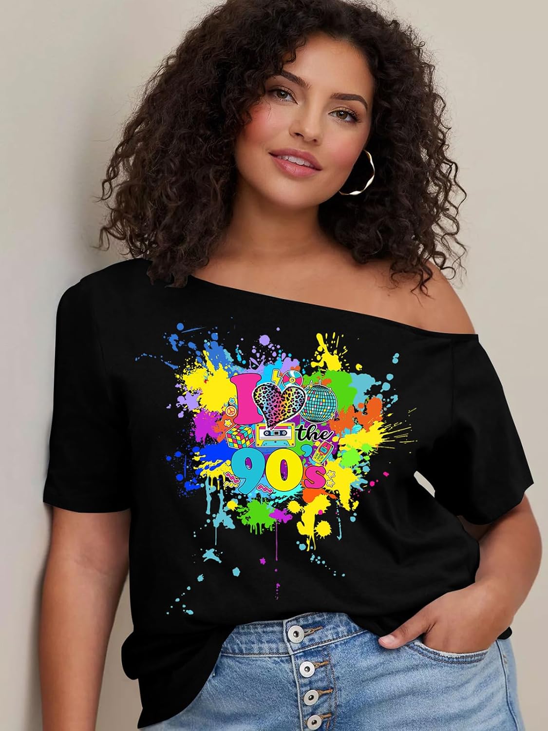 80s Shirts for Women Retro Off The Shoulder Top Disco 80s 90s Theme Party Outfit - Image 2