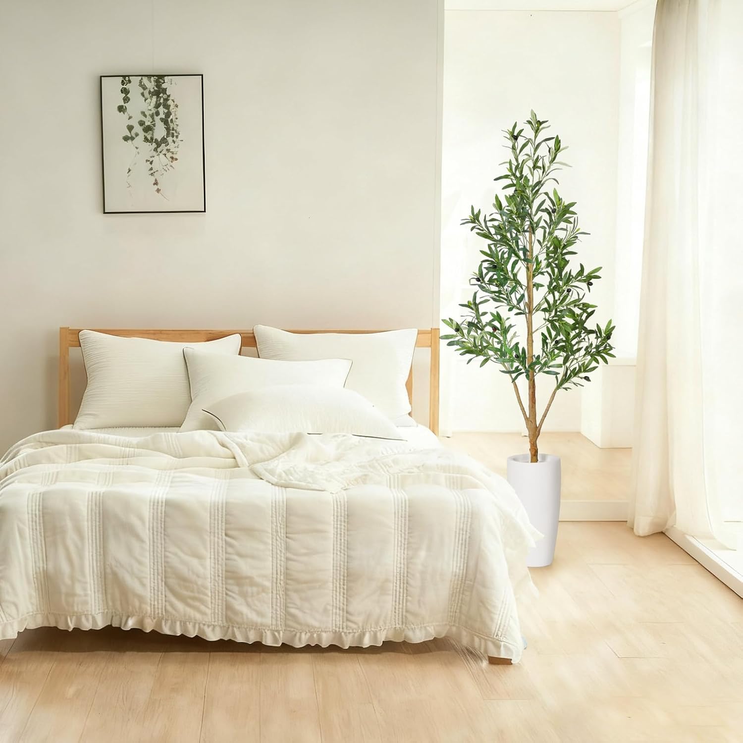 Timoo Faux Olive Tree 6Ft, Indoor Artificial Trees with Natural Wood Trunk and White Planter, Tall Fake Plants for Living Room, Bedroom and Office