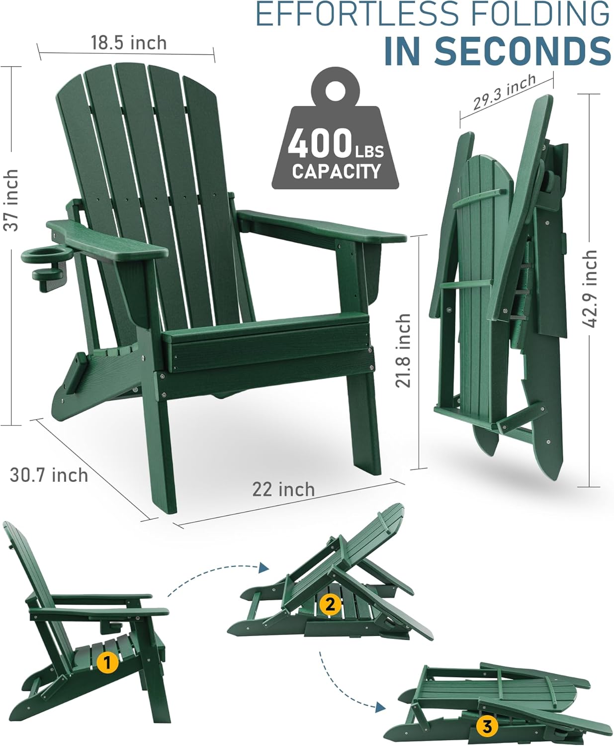 Upland HDPE Folding Adirondack Chair with Cup Holder,Weather-Resistant, Low Maintenance,Supports up to 400lbs,Green,4 Pack
