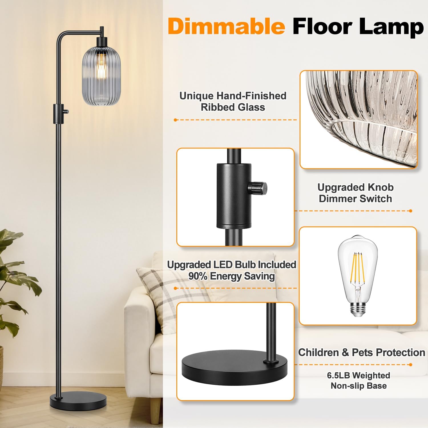 【Upgraded】 Dimmable Floor Lamp for Living Room with Gray Ribbed Glass Lampshade, Black Modern Floor Lamp with 900LM LED Bulb Included, Arc Standing Tall Lamp for Bedroom, Office, Reading Room, Corner image 5