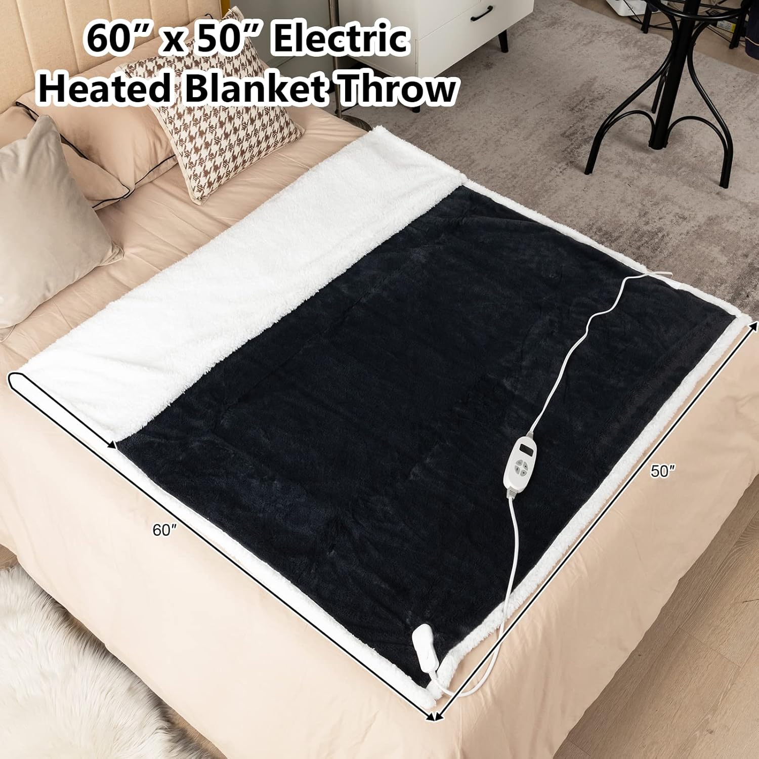 Giantex Heated Blanket Throw, 60'' x 50'', 10 Heating Levels, 9H Timer Auto Shut Off, Overheat Protection, Machine Washable (Black+White)