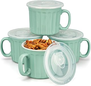 BELLE VOUS Set de Tazas de Cafe - 4x Taza Grande con Tapa para Desayuno o para Cocinar en Microondas - Tazones Grandes de Ceramica Talla XL con Asa - Apto Microondas y Lavavajillas
