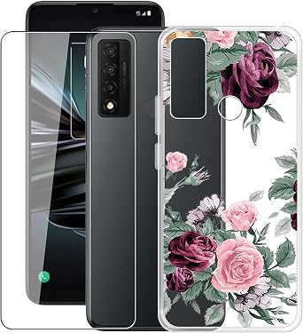 Phone Case for TCL 20 XE / 5087Z 6.52" with [1 X Tempered Glass Screen Protector], HHUAN Clear Soft Silicone Bumper Cover, TPU Shockproof Shell for TCL 20 XE / 5087Z - Rose Flower