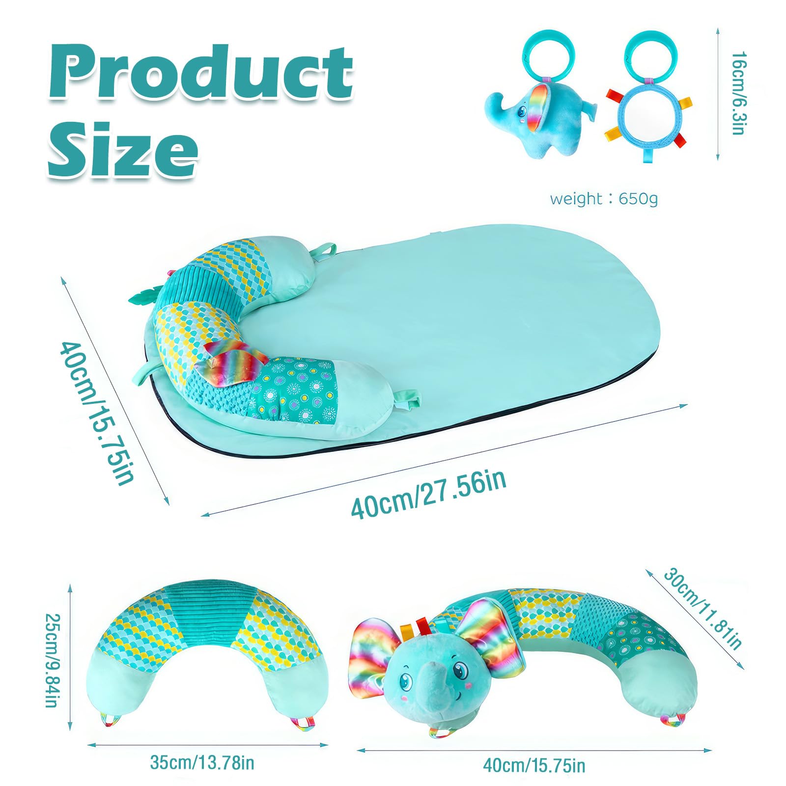 Weinsamkeit Baby Spielzeug 3 6 9 12 Monate, Tummy Time Toys, 3 in 1 Abnehmbares Elefant Spielkissen, Bauchlage Helfen Sitzen Stützen Babyspielzeug 0-12 Monate mit Rassel, Spiegel, Beißring