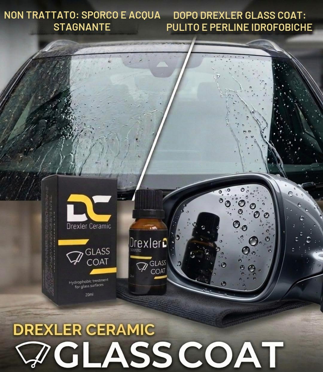 Glass Coat 20ml – Rivestimento Ceramico per Parabrezza e Finestrini | Protezione Idrorepellente, Migliorata visibilità e Resistente all'Acqua per Parti in Vetro