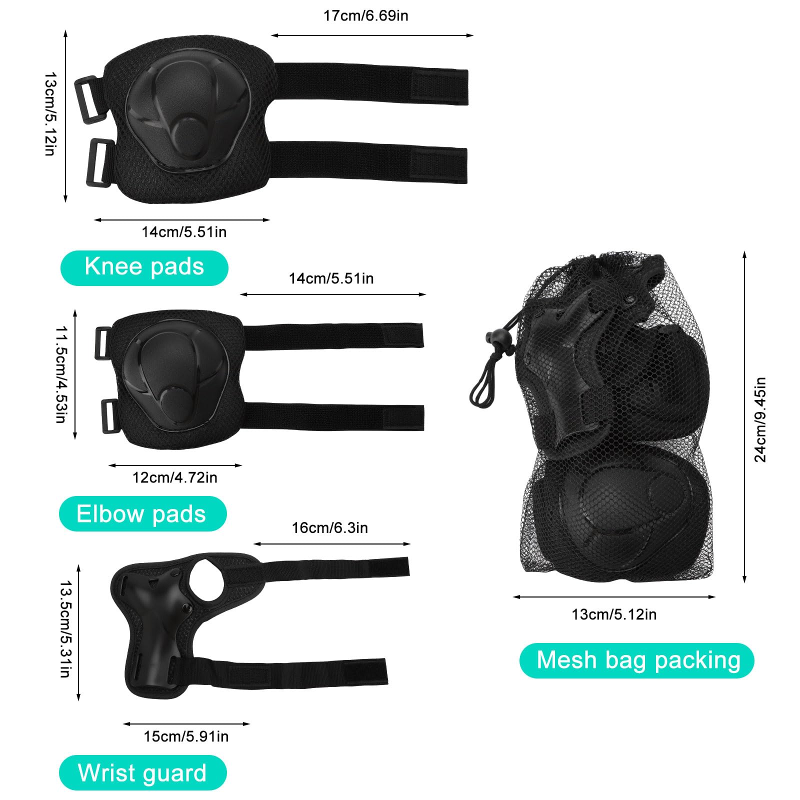 Set Protezioni Bambini 6in1 - Ginocchiere, Gomitiere, Polsiere Regolabili Per Skateboard, Bici (Taglia S, 3+ Anni)