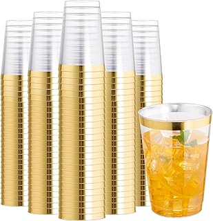 I00000 200 Pack 12 oz Gold Plastic Cups, Clear Disposable Cups, Disposable Plastic Wine