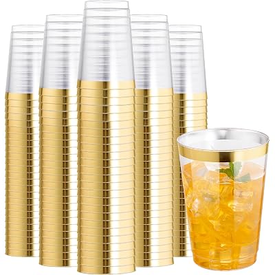 I00000 200 Pack 12 oz Gold Plastic Cups, Clear Disposable Cups, Disposable Plastic Wine Glasses Cocktail Glasses Premium Cups with Gold Rim, 12 Ounce Tumblers for Party & Wedding