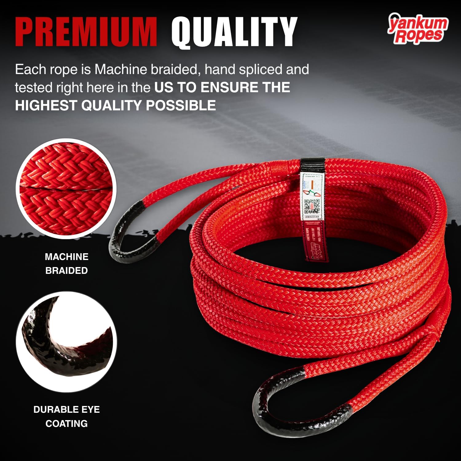 Yankum Kinetic Recovery Rope - Heavy Duty 1/2" x 20' Tow Rope, Off-Road & Vehicle Recovery, Kinetic Energy Ropes for 4x4, Jeep, and Trucks, Made in USA – Racer Series