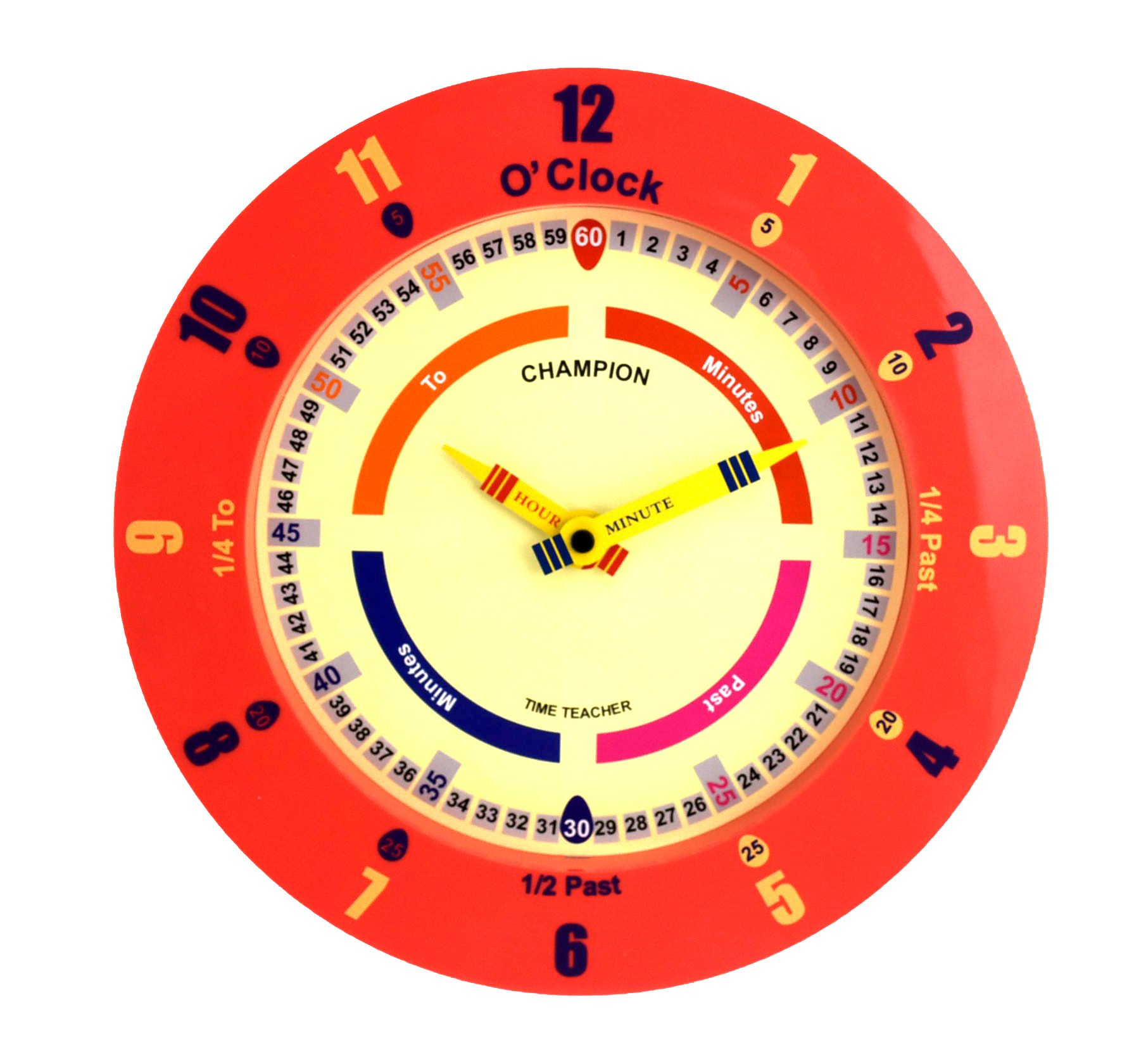 Champion Red Time Teacher Learn To Tell The Time Nursery Kids Bedroom Quartz Wall Clock (Red)