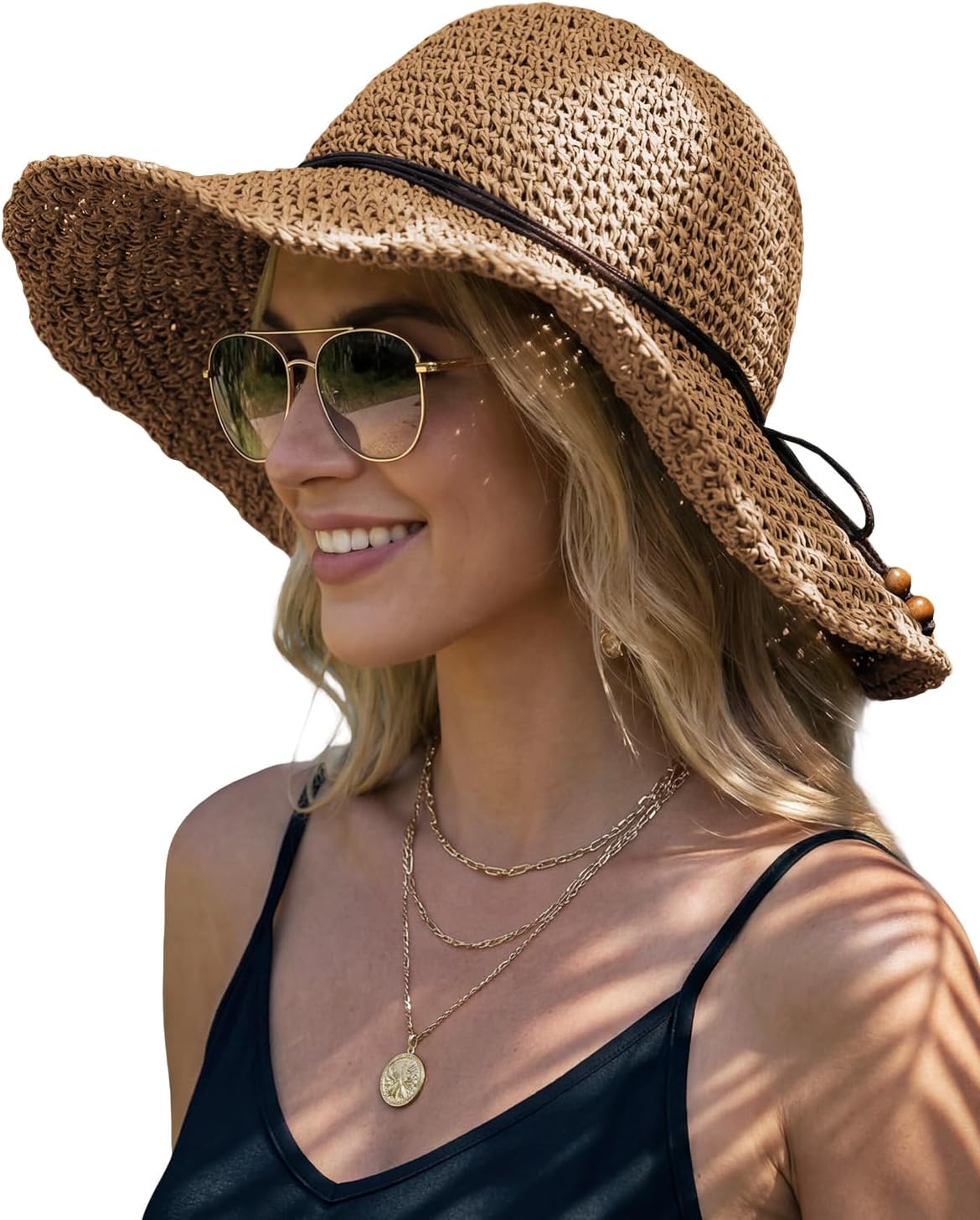 Hat Hut Floppy Beach Hat Crochet Straw Sun Hats for Women Wide Brim Handmade Summer Travel Hat Foldable Packable (US, Alpha, One Size, Khaki)