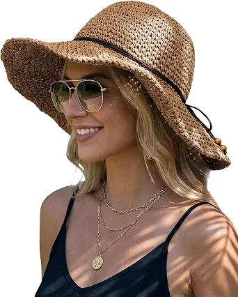 Hat Hut Floppy Beach Hat Crochet Straw Sun Hat for Women Wide Brim Handmade Summer Travel Packable