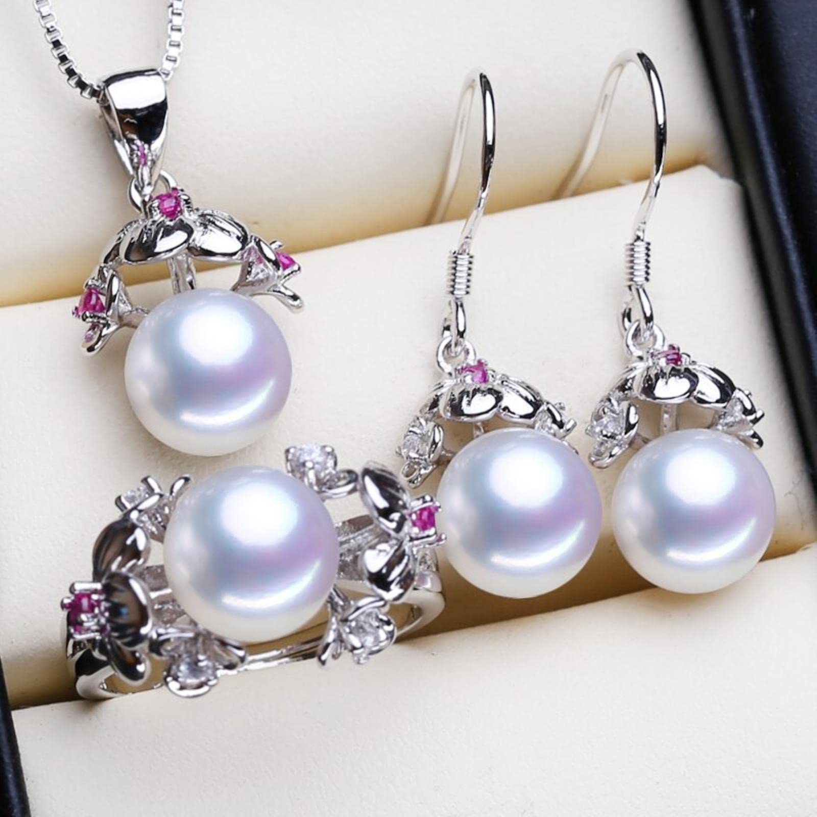 Set Di Gioielli In Argento Sterling 925 Orecchini Di Perle Naturali Orecchini A Bottone Bohémien Collane Con Ciondolo In Rubino Per Set Di Anelli Da Donna