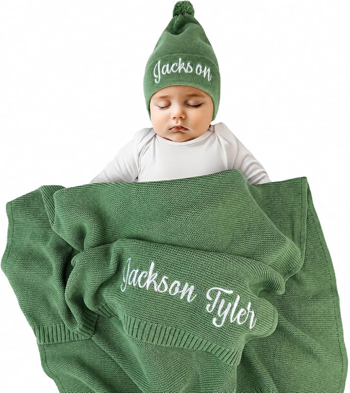 Personalized Baby Blanket with Name, GOTS Organic Custom Baby Blanket | Customized in the USA, 30 x 40 in Soft Lightweight Cotton Knit Receiving Blanket Newborn Baby Gift for Boy and Girl