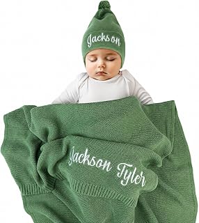Personalized Baby Blanket with Name, GOTS Organic Custom Baby Blanket | Customized in the USA, 30 x 40 in Soft Lightweight Cotton Knit Receiving Blanket Newborn Baby Gift for Boy and Girl