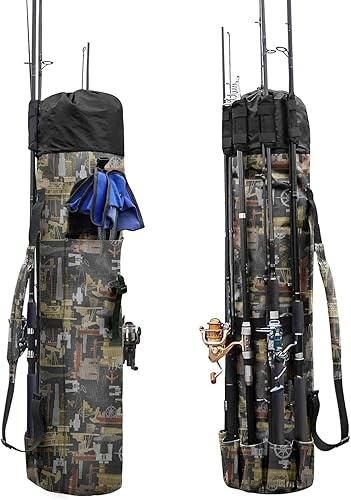 Miniatura 7 de Allnice Bolsa organizadora de lona duradera para caña de pescar y carrete, bolsa de transporte de viaje, con capacidad para 5 postes y aparejos