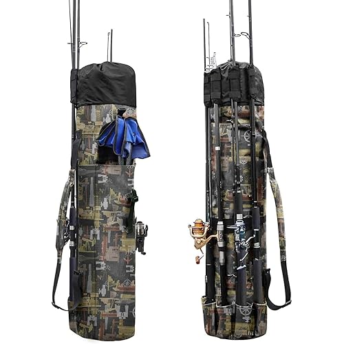 Allnice Durable Canvas Fishing Rod & Reel Organizer Bag Travel Carry Case Bag- Holds 5 Poles & Tackle