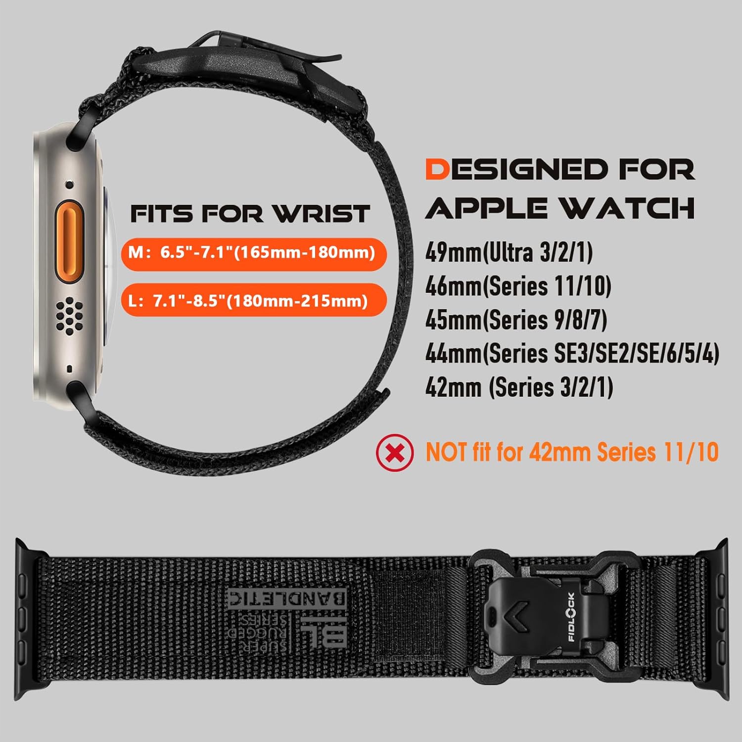 Bandletic Compatible with Apple Watch Ultra Band - for Men, Wide Nylon Sport Loop with Magnetic Fidlock V-Buckle for iWatch 49mm(Ultra 3/2/1),46mm(11/10),45mm(9/8/7),44mm(SE3/SE2/SE/6/5/4),42mm(3/2/1) - Image 2