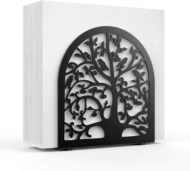 Housolution Napkin Holder, Tree & Bird Design Metal Serviette Holder Iron Napkin Organizer Stand Modern Table Decor for Home and Kitchen - Black