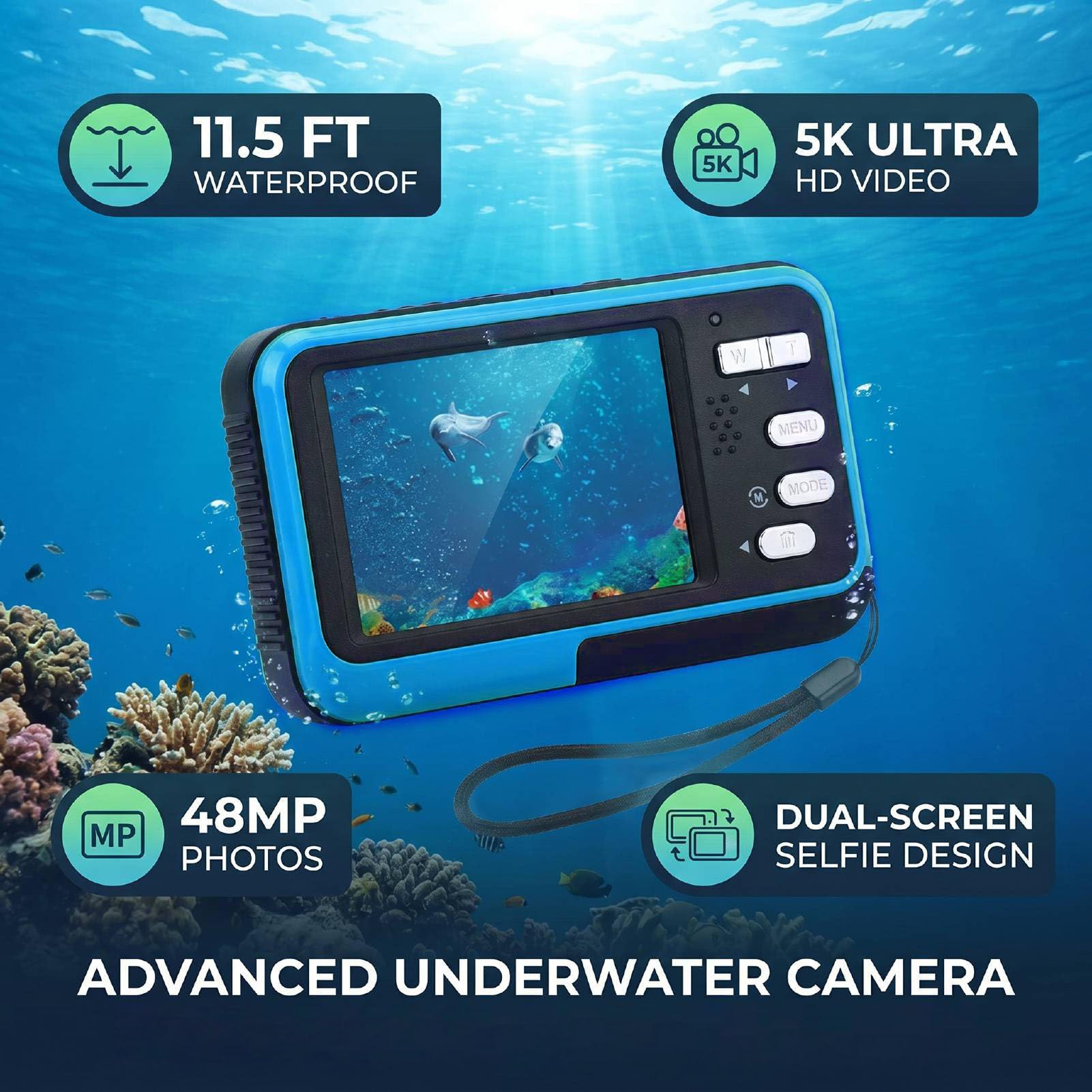 Tosuny Caméra sous-Marine 5K Double écran 48MP, Appareil Photo Numérique avec Mise au Point Automatique et Dragonne Flottante, 11,5 Pieds pour la Plongée en Apnée (Blue)