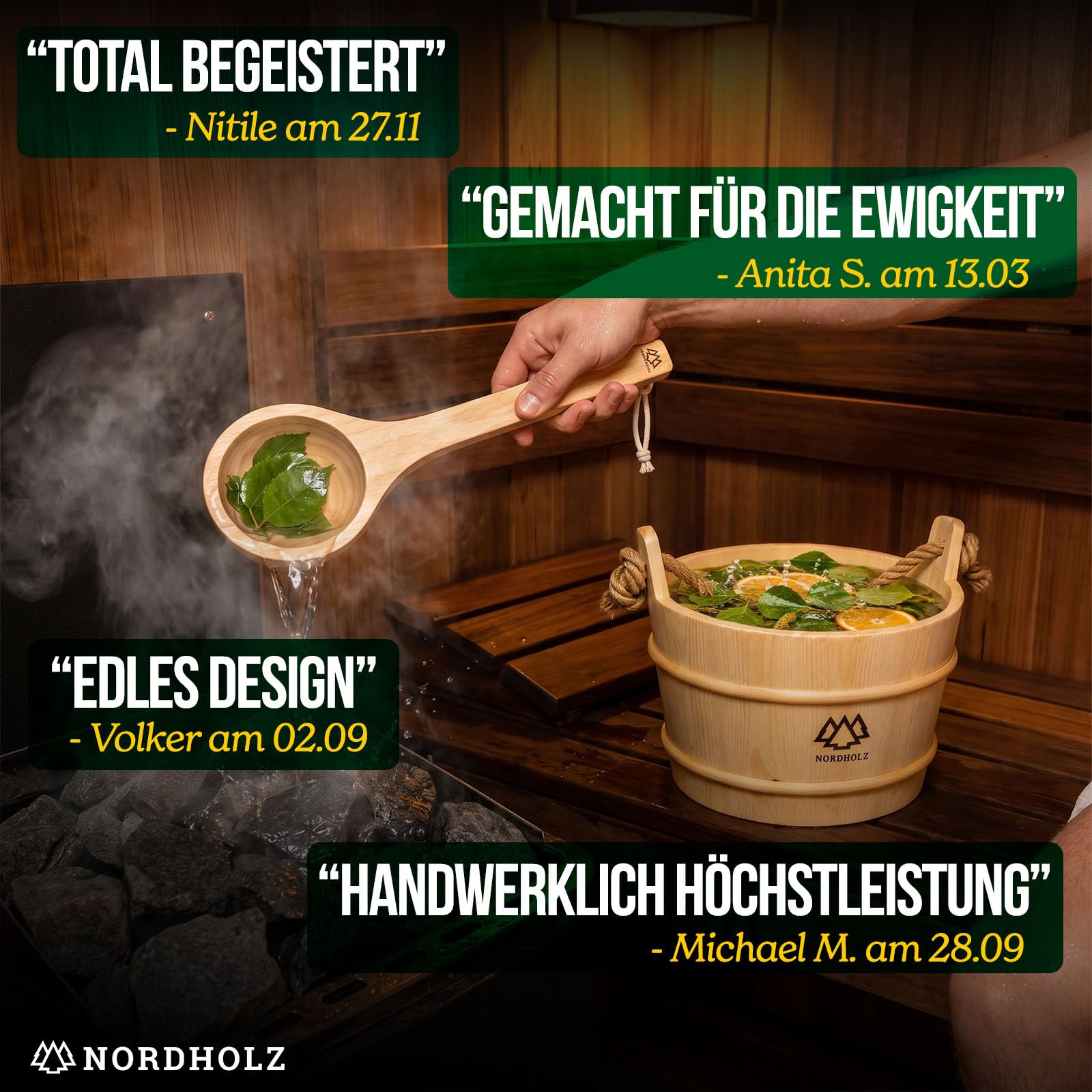 NORDHOLZ® Sauna Zubehör Set XXL [inkl. 5x100ml Sauna Aufgussmittel + 100g Mentholkristalle] Sauna Eimer mit Sauna Sanduhr & Sauna Hygrometer - Sauna Zubehör Geschenk + 3 Ätherische Öle je 15ml