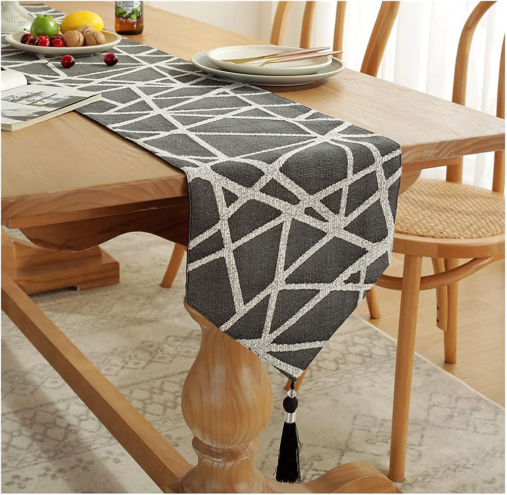 Boho Table Runner 72 Inches Long - Modern AB Side Linen Black and Mineral Gray With Tassels - Holiday Coffee Runner Farmhouse Style for Dining Room